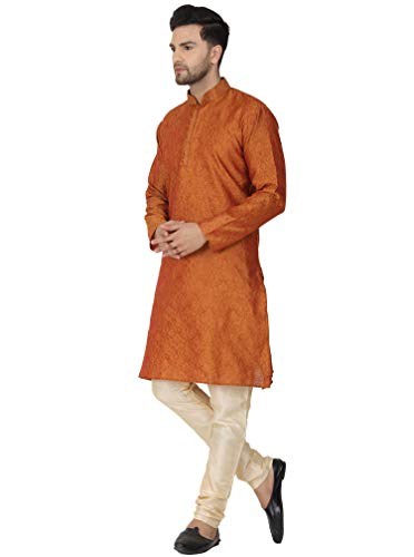Image of Men's Jacquard Silk Embroidered Kurta Pyjama Set Paisley Thread Work Festive Party Dress