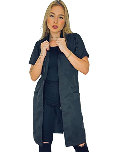 Jaleco Preto Manga Curta Oxford Feminino Ziper Gola Padre Cor:Preto;Tamanho:G2