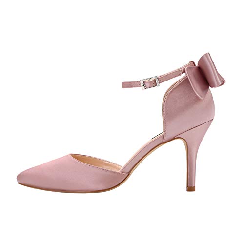 Image of ERIJUNOR Wedding Evening Party Shoes Comfortable Mid Heels Pumps with Bow Knot Ankle Strap Wide Width Satin Shoes