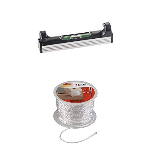 kwb Schnur-Wasserwaage, 78 mm, leicht, klein, mit Aluminium Unterseite inkl. Maurer-Schnur 50 Meter, weiß, Richtschnur für Pflaster- und Maurerarbeiten 1,7 mm, Lotschnur für div. Anwendungen