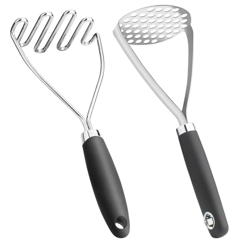 Potato Masher Set of 2 Pieces, 10.25-Inch Stainless Steel Wire Mashed Potato Masher, Kitchen Gourmet Making Tools Professional Integrated Honeycomb, For Vegetable, Fruit, Melon, Potato Etc, Black