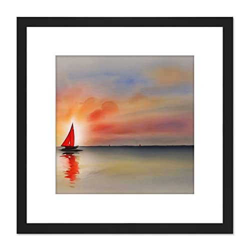 Wee Blue Coo Into The Sunset Watercolour Sailing Red Sail Boat On Calm Sea Square Wooden Framed Wall Art Print Picture 9X9 Inch thumbnail