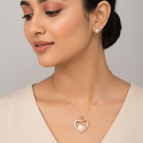 Image of Nilu's Collection American Diamond Rose Gold & Silver Plated Love Shaped Pendant Necklace Set with Chain & Stud Earring for Girls and Women