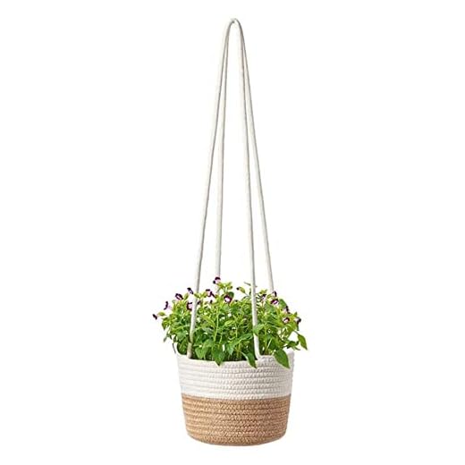 Cestino da Fiori Sospeso, 20 cmCesto per Piante in Corda di Cotone, Appendiabiti per Piante, Cotone Naturale Tessuto a Mano Vaso per Piante da Appendere con Lunga Corda per Giardini, Case (Larga)