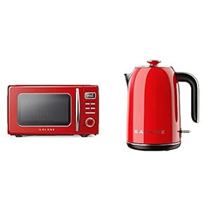 Galanz GLCMKZ09RDR09 Retro Countertop Microwave Oven with Auto Cook & Reheat, Defrost, 0.9 cu ft, Red & Retro Electric Kettle with Heat Resistant Handle and Cordless Pour, 1.7 L, Red