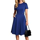 Sommerkleid Damen Knielang Faltenkleid Sommer Midikleid Kurzarm Damenkleider Elegant A Linien Kleid mit Taschen Cocktailkleid Hochzeitsgast Kleider Festlich Dresses for Women