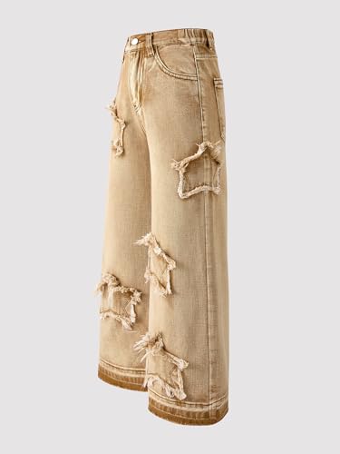 Viatabuna Girl's Y2K Baggy Jeans Cute Star Wide Leg Denim Pants Loose Elastic Waist Straight Jeans for Kids Girls 7-14 Years2