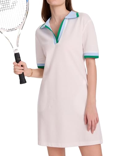 Image of WOWULOVELY Polo Dress for Women V Neck Casual Short Sleeve Mini Shirt Dress Flowy Contrast Color Golf Tennis A Line Dresses(White-M)