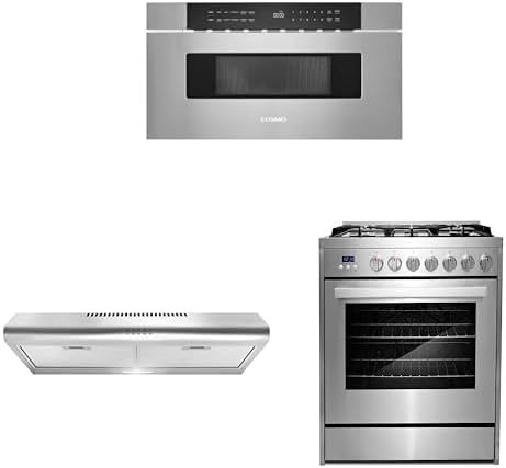 COSMO 3-Piece Kitchen Appliance Packages, 30" Microwave Drawer Stainless Steel No Handle, 30" Under Cabinet Range Hood and 30" Gas Range with 5 Burner Cooktop