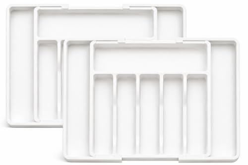 Image of Large Silverware Drawer Organizer, Expandable Utensil Tray for Kitchen, BPA Free Flatware and Cutlery Holder, Adjustable Plastic Storage for Spoons Forks Knives, White, Pack of 2