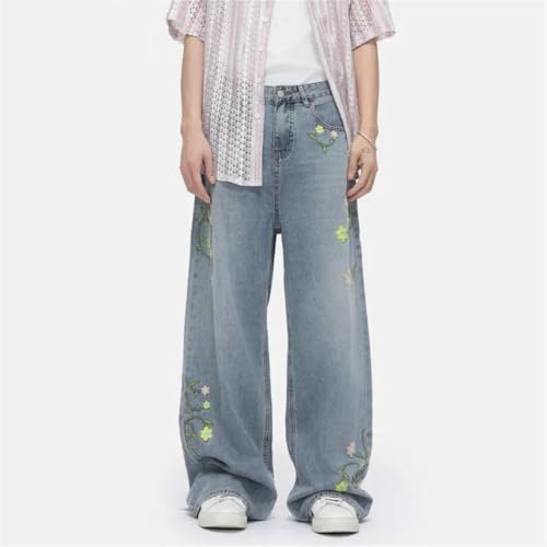 Men's Jeans Korean Style Flower Embroidery Contrast Color Loose Personalized Straight Denim Pants2