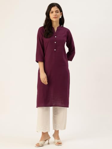Image of feranoid Women's Plain Cotton Kurta with Mandarin Collar, 3 /4 Sleeves & Pocket
