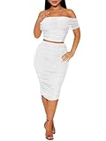 Oumrdeo 2 Piece Skirt Set Sexy Mesh Ruched Bodycon Tube Top Cocktail Party Midi Dress Club Outfits White S