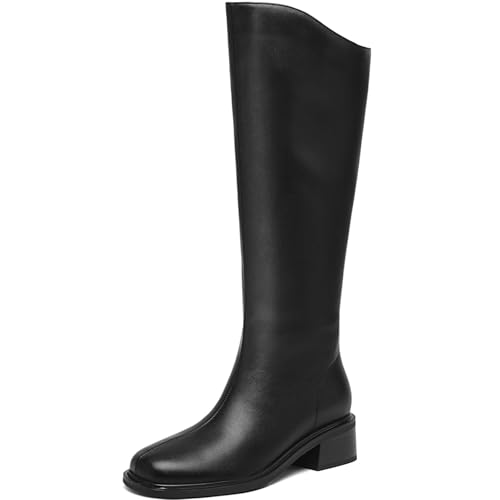 AIUNIIND Knee High Boots Women Low Heel Square Toe Tall Boots for Women Faux Leather Elastic Long Boots Black 6.5