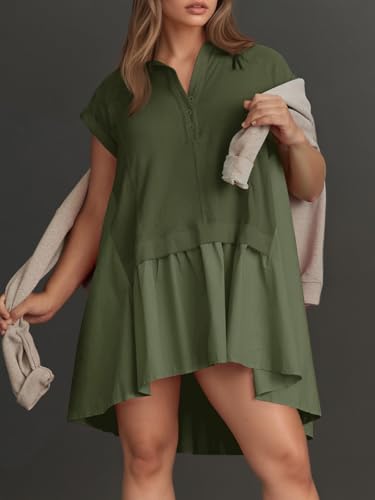 Fisoew Womens Cap Sleeve Dress Summer Casual Oversized Patchwork Mini Dress Loose Flowy Swing Shift Dresses Army Green — view 5