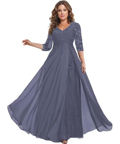 Image of HANVAIOS Sparkly Mother of The Bride Dresses for Women Long Chiffon 3 /4 Sleeve Lace Appliques Formal Gown