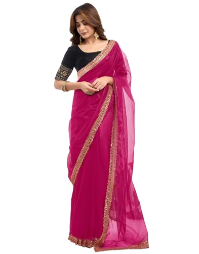 Image of SIRIL Women's Shimmer Net Sequence Embroidery Lace Saree for With Unstitched Blouse Piece