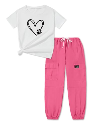 Image of ARTMINE Girls' 2 Piece Outfits Casual Drawstring Jogger Pants and Basic Short Sleeve Top Set, 6-14 Years