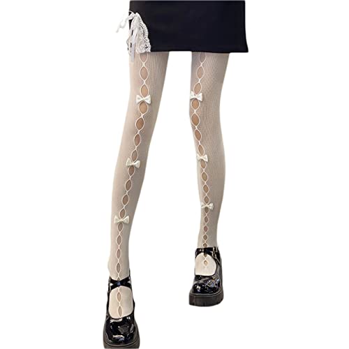 Women Lolita Tights with Bows Cute Mesh Hallow Harajuku Stockings 80S 90S Female Girls Gothic Lace Stockings Leggings