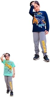 طقم لولادي من ثلاث قطع تيشرت نص كم اخضر فاتح و تيشرت بأكمام كحلي وبنطلون رمادى