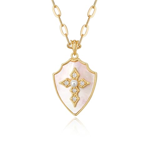 Fettero Dainty MOP Necklaces for Women, 14K Gold Plated Heart Cross Teardrop Pendant Cute Charm Neclace Delicate Pearl Beach Gold Necklace for Women Jewelry Gift