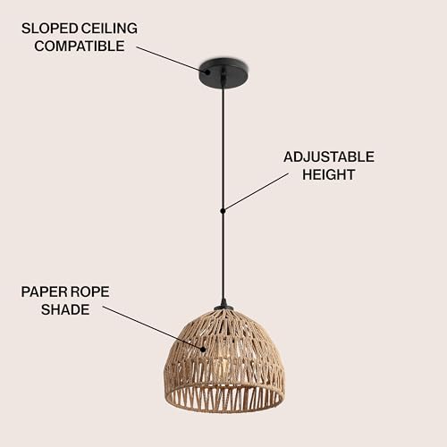 Image of JONATHAN Y 10.25 inch Brown Modern Bohemian Woven Rope LED Pendant Light Fixture, Adjustable Dome Ceiling Lamp for Kitchen Island, Rope Shade, Coastal Farmhouse Decor (JYL6513E)