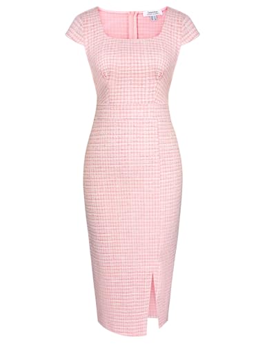 JASAMBAC Women's Vintage Midi Pencil Dress Tweed Cap Sleeve Sheath Dress Square Neck Work Dresses