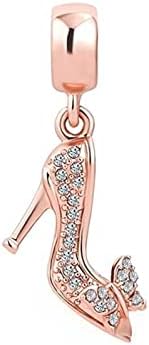 KunBead Jewelry Rose Gold Tone High Heel Shoe Crystal Butterfly Women Girls Dangle Charms Compatible with Pandora Bracelets Necklace