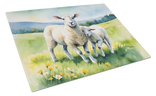 Caroline's Treasures Springtime Lambs Glass Cutting Board Decorative Tempered Glass Kitchen Cutting and Serving Board Large Size Chopping Board