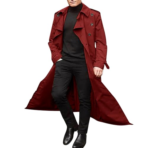 Gabardina larga para hombre, cuello de muesca, botones, casual, ligera, larga, cortavientos, solapa sólida, ajuste regular, elegante, longitud completa, abrigos casuales de negocios para otoño, Vino,