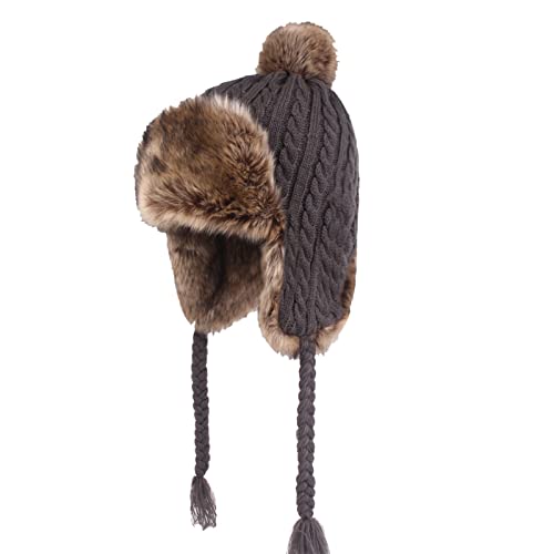 Jalach Damen Mütze Stricken Verdicken Ohrenschützer Hut Fellmütze Warm Wintermütze für Frauen Mädchen (Grau) Cover
