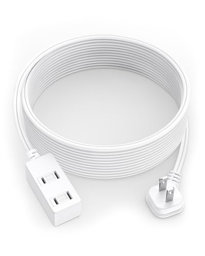 Flat Plug Extension Cord 15Ft White - 2-Prong Power Strip with 3 Polarized Outlets & Tamper Guard 16/2 AWG 13A/1625W
