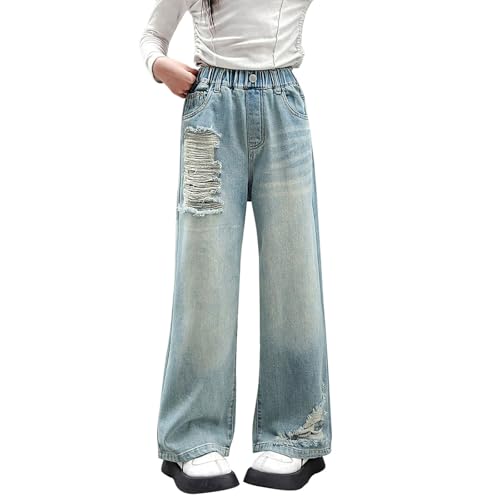 Ripped Straight Jeans for Youth Girls Distressed Washed Elastic High Waist Denim Pants Teen Girls Stylish Loose Trousers