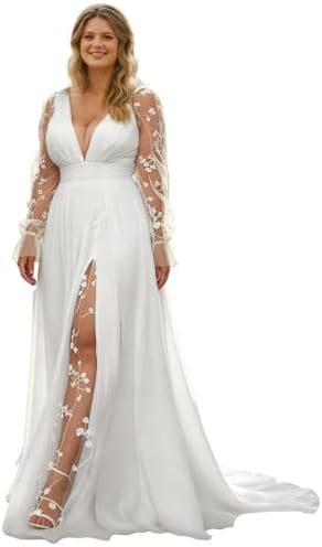 Plus Size White Chiffon Lace Applique Bridal Dress A-line Boho Wedding Dresses for Bride Long Sleeve Simple Outdoor Wedding Gowns Size 22W