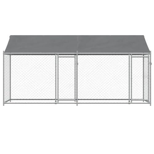 Hundezwinger mit Dach und Türen Grau 4x2x2 m, UV- & Wasserdicht Hundehütte Outdoor Hundehaus für große Hunde Garten, Verzinkter Stahl