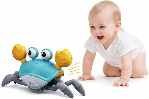 Crawling Crab Baby Toy with Lights & Music Obstacle Avoiding Interactive Toy for Toddlers USB Rechargeable Sensory Tummy Time Toy (Blue)