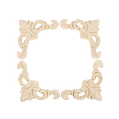 Muxsam Wood Carved Appliques Onlays, 4-Pack Unpainted Small Wooden Carving Decals Corner Plaques For Wall Cabinet Cupboard Mirrors Fireplace Closet Dresser Doors Frame Diy Project, 8X8Cm/3.15"X3.15" #TOP2