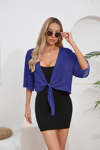 Image of TASAMO Women's 2026 Summer Lightweight Short Bolero Cardigan Shrug Sheer Tie Front Top 3 /4 Sleeve Jacket for Dress