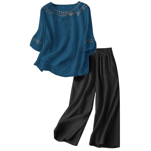 Pantalon large en lin femme et haut sans manches ensemble 2 pièces style décontracté
