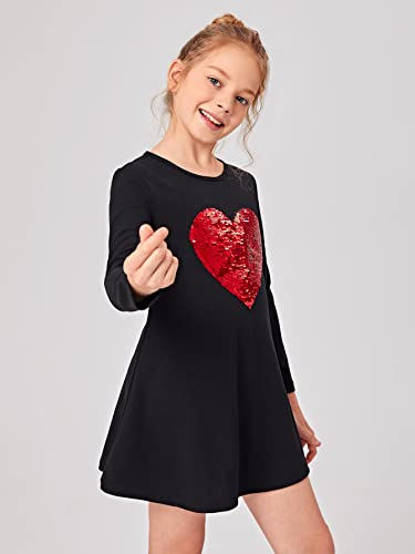 Soly Hux Girl's Long Sleeve Dress Heart Sequin A-Line Mini Dress Casual Tunic T Shirt Dresses Black Graphic 11-12Y #TOP2