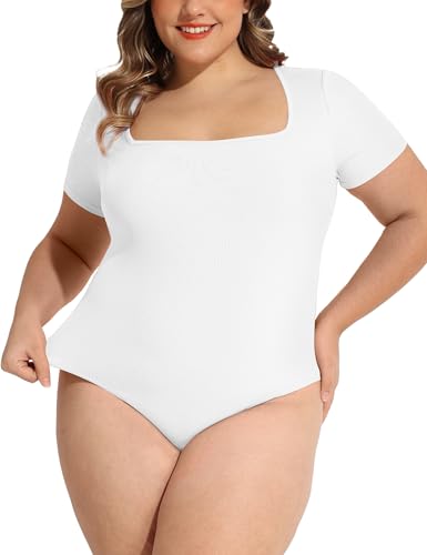 Image of FOREYOND Plus Size Bodysuits for Women Short Sleeves Square Neck Body Suit Tops Casual Basic Slim Fit Shirts Leotards