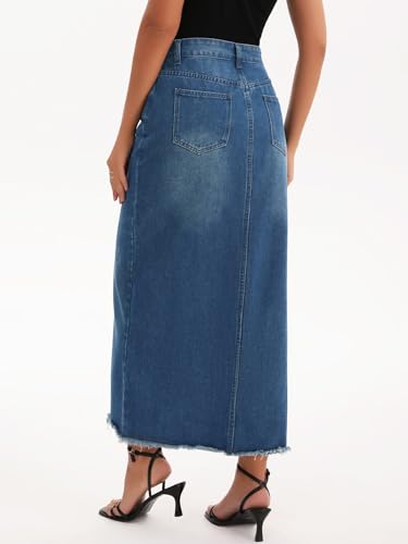 Women's Denim Skirt High Waist Split Front Raw Hem Washed Maxi Jean Skirts4