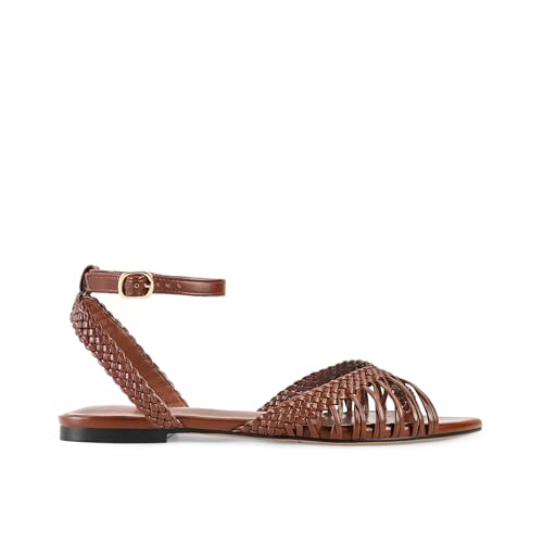 XBKXMK Leather Woven Flats Sandals for Women Strappy Flat Sandals Pointed Open Toe Braid Beach Sandal Comfortable Casual Summer Shoes