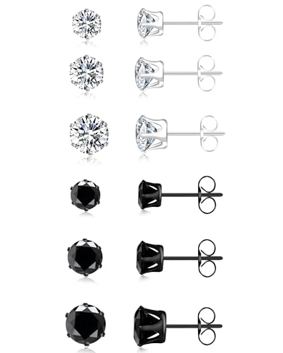 ONESING 6 Pairs Stud Earrings for Men Women, Stainless Steel 3-4-5mm Hypoallergenic Cubic Zirconia Earrings Studs Silver/Black Cartilage Helix Tragus Earring Set for Multiple Piercing