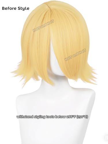 Image of Half and Half Short Blonde Side Part Anime Cosplay Wig Blonde Virtual Singer Costume Wigs Women's Light Golden Layered Hair Wig for Female Halloween Party Daily