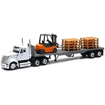 New-Ray 16643 Newray 1 43 Long Haul Trucker - International Lonestar Flatbed with Forklift & Pallets, White,unisex-children