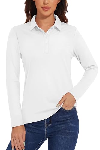 TACVASEN Fitnessshirt Damen Langarm Atmungsaktiv Poloshirt UV Schutzkleidung T-Shirt UPF 50+ Sportshirt mit Knopfleiste (L, Weiß)
