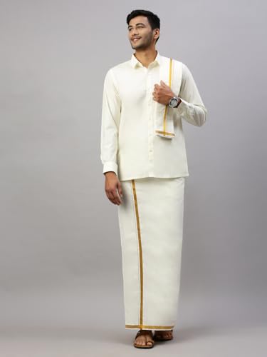 Image of RAMRAJ COTTON Pure Cotton Full Sleeve Shirt with Gold 1 /2 Inch Jari Border Dhoti Set with Towel