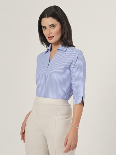 Image of Style Quotient Women Stripe Blue and White Polycotton Formal Shirt