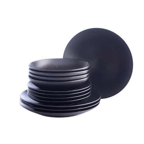 Image of Porto by Stone Lain Semplice 12-Piece Premium Kitchen & Dining Dinnerware Set Stoneware, Black Matte, Crafted in Portugal, Dishwasher and Microwave Safe Scratch-Resistant Dish Set for 4